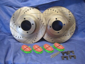 BTB387DSKIT MGB Drilled & Slotted Brake Discs & Greenstuff Brake Pads & pins & clips Kit