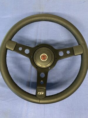43SBLB MGB MIDGET MOUNTNEY 14" LEATHER SEMI DISHED BLACK SPOKE STEERING WHEEL & BOS